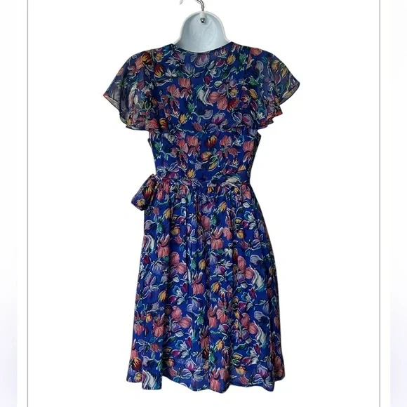 Moulinette Seours Silk Blue Floral Wrap Dress Anthropologie Excellent Size 0 - Picture 2 of 10